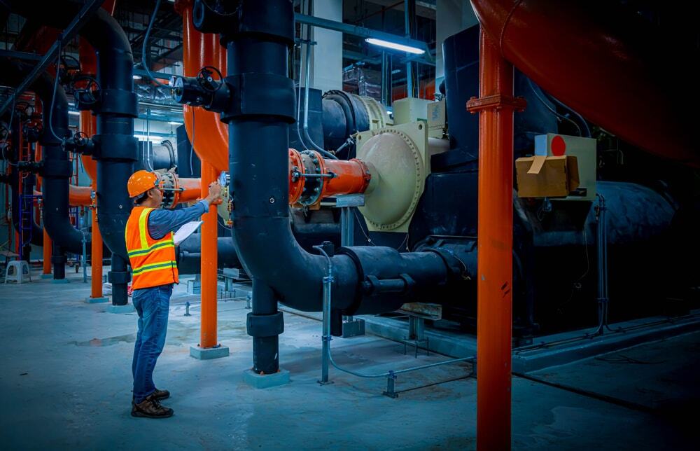 Technician in a hard hat and hi-vis vest checking a gauge on the pipework of an industrial chiller plant
